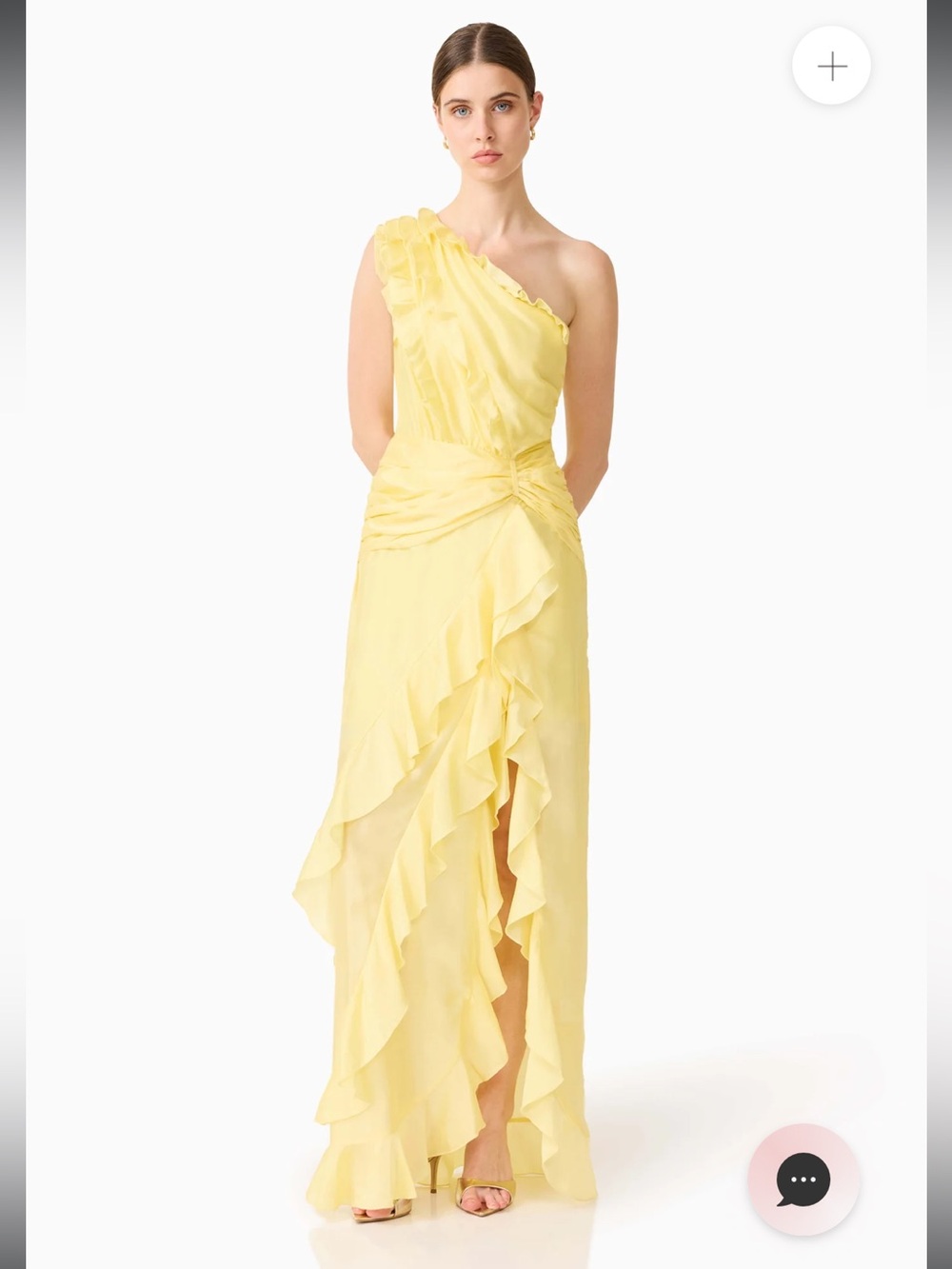 elliatt lucinda yellow one shoulder ruffle tiered maxi gown dress size small NEW